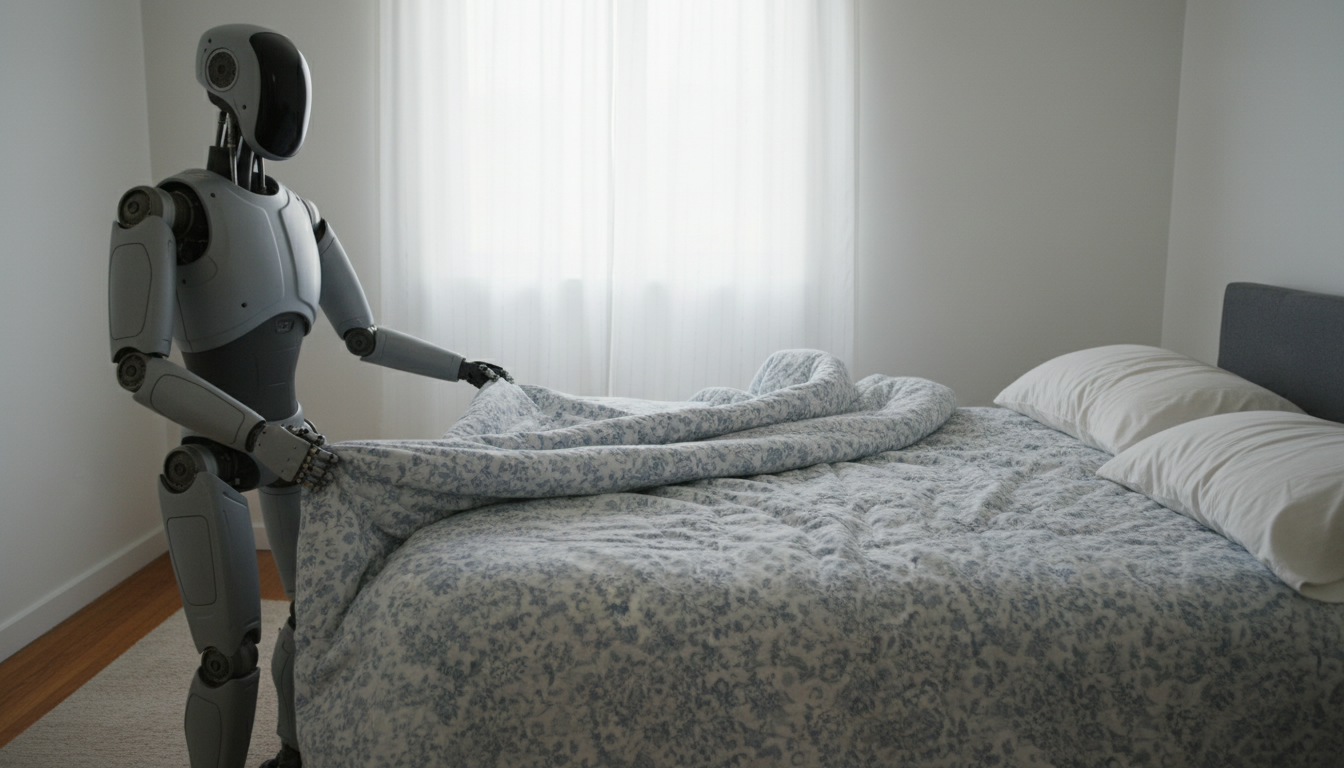 Humanoid robot pulling a comforter up a bed in a plain bedroom