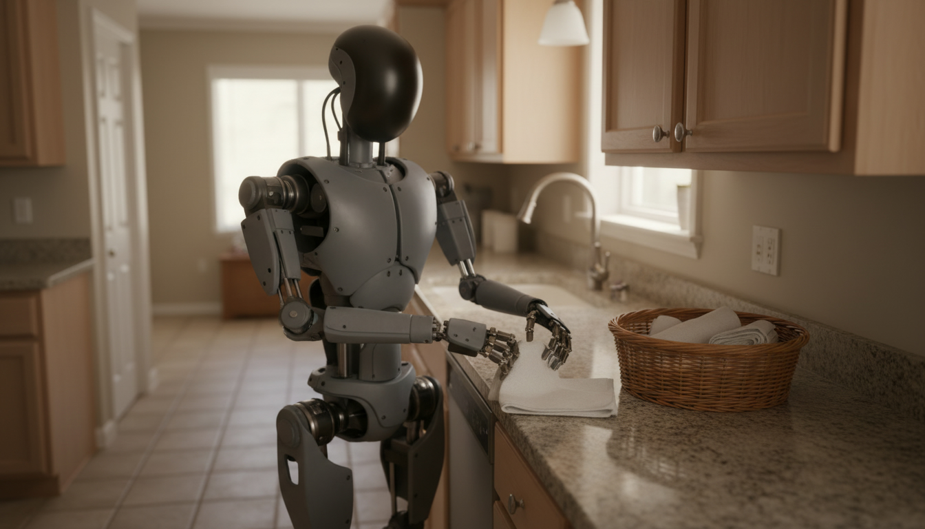 Humanoid robot folding a towel on a kitchen counter next to a basket