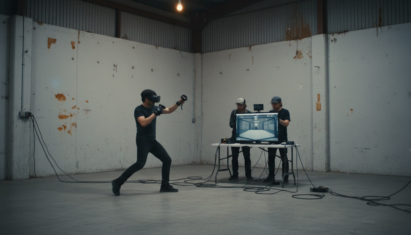 A person in a VR headset throwing punches backstage while technicians watch a monitor showing the cage