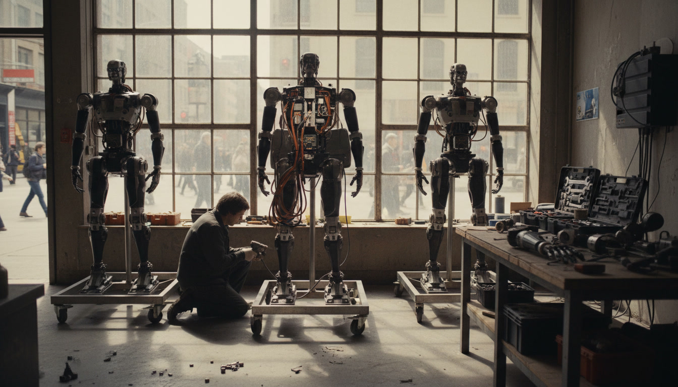 Three adult-sized humanoid robots on maintenance stands inside a street-level workshop, one opened up for repair