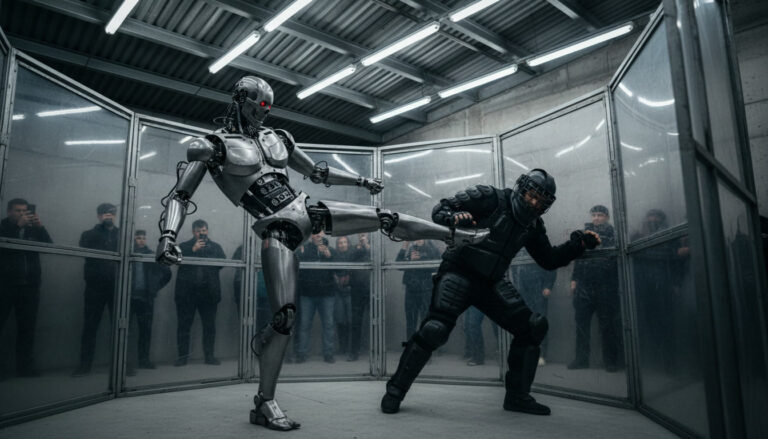 A skeletal metal humanoid robot throwing a kick at a padded human fighter inside a clear-walled octagonal cage