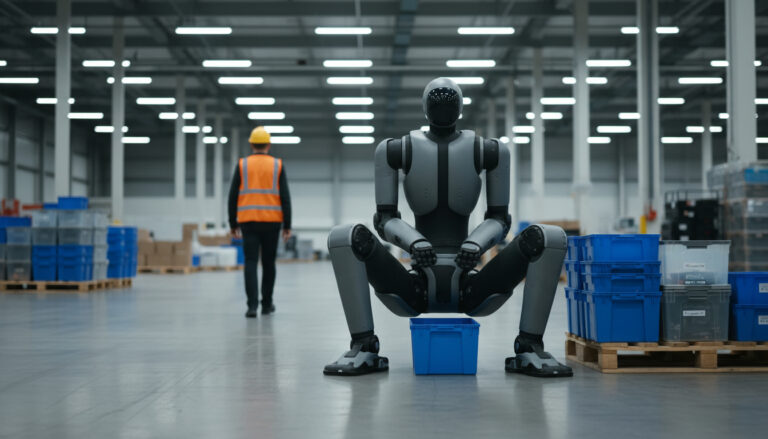 A humanoid warehouse robot lowering itself toward a seated position on a concrete floor as a worker walks past.