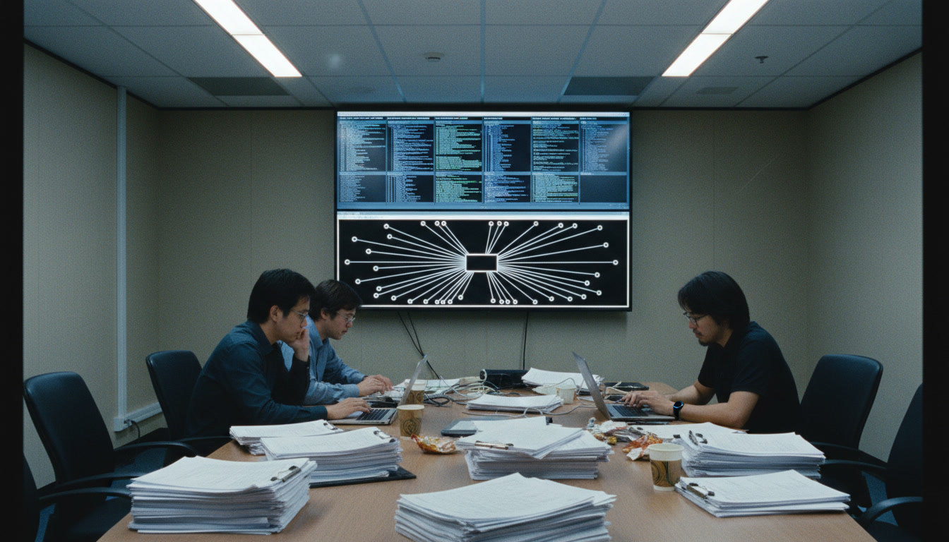 Analysts in a plain office reviewing walls of scrolling AI agent logs on a large screen