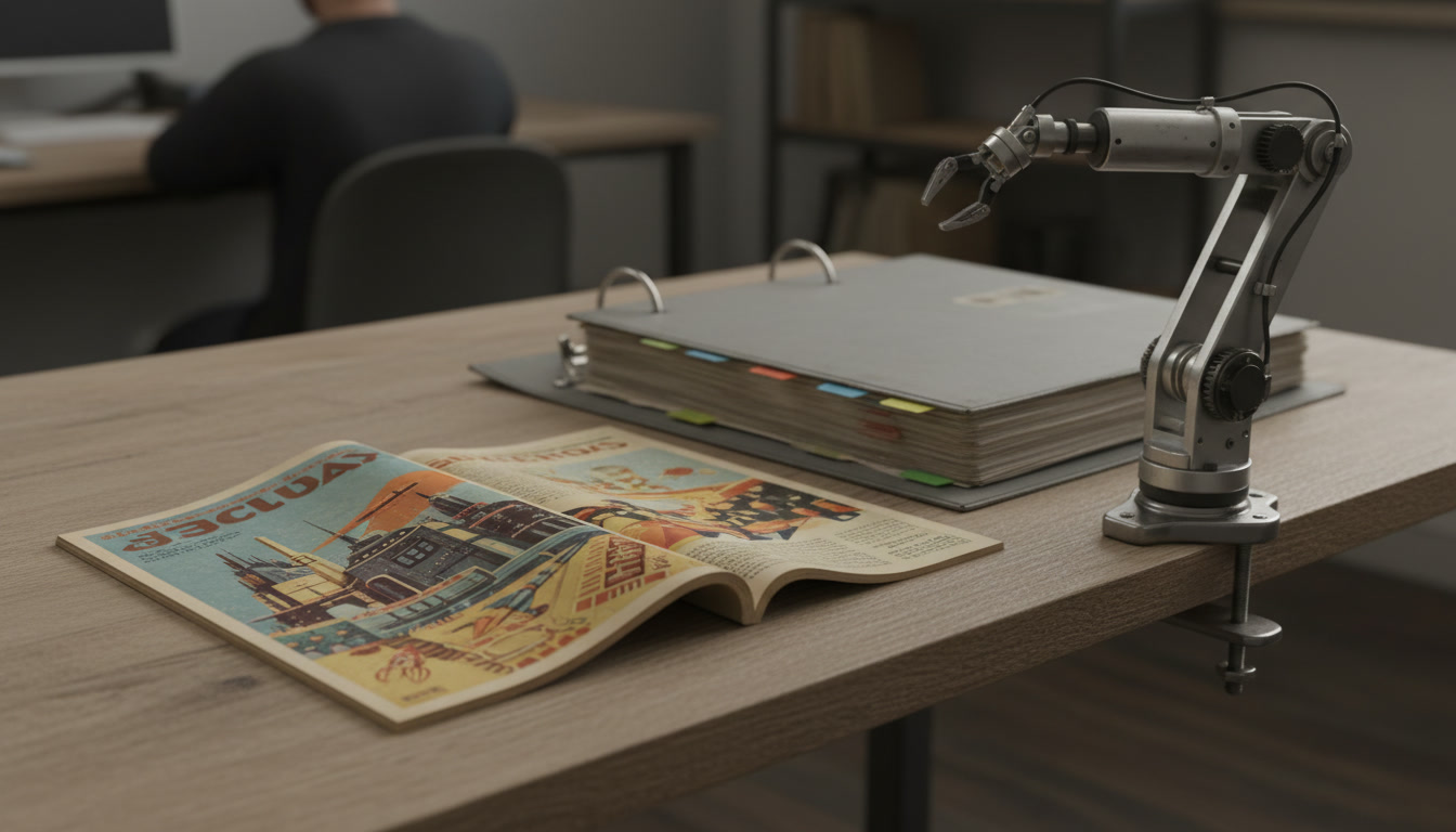 An old pulp science fiction magazine beside a thick technical safety standards binder and a small desktop robot arm