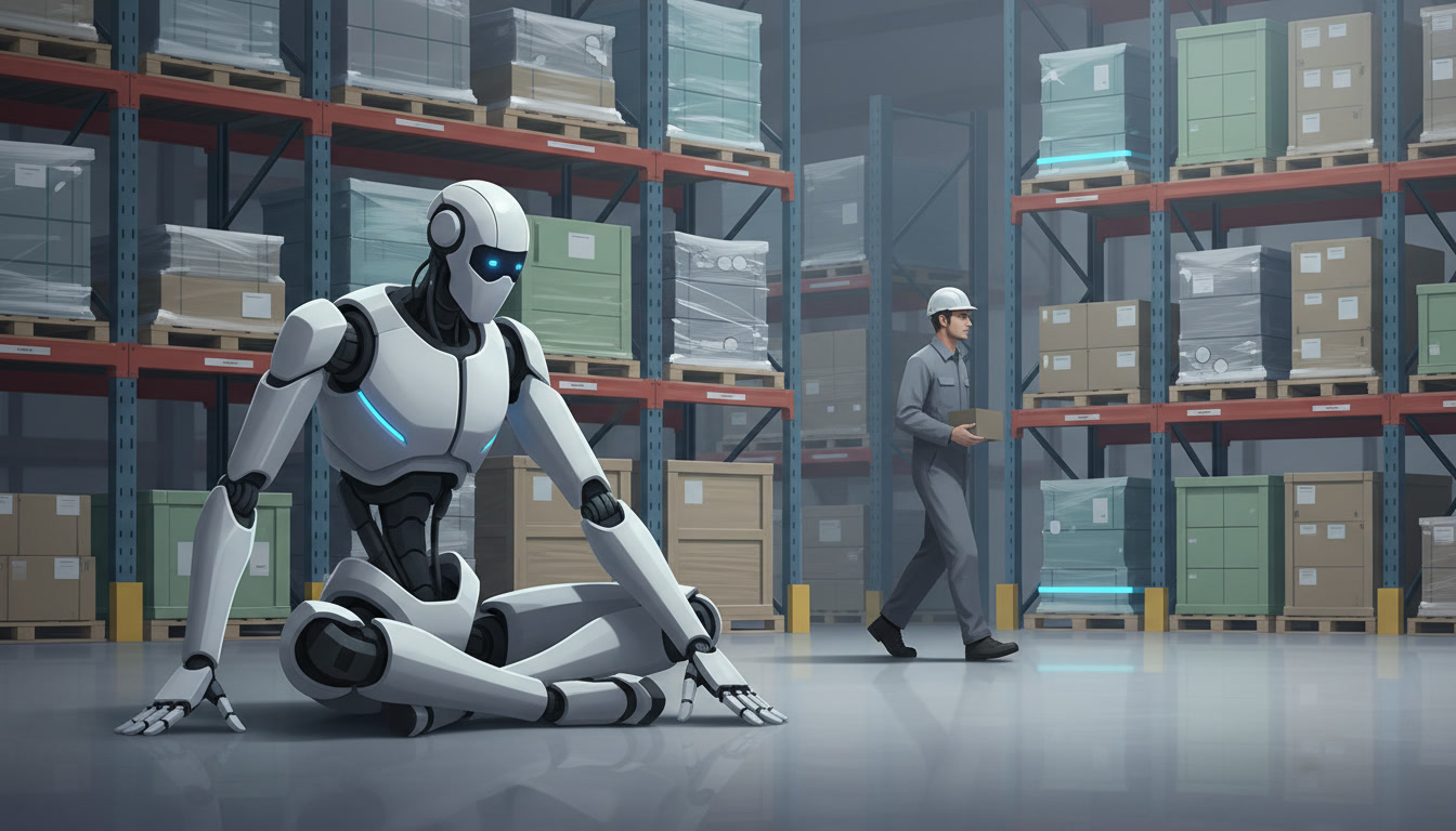 Humanoid robot sitting down as a worker walks past in a warehouse
