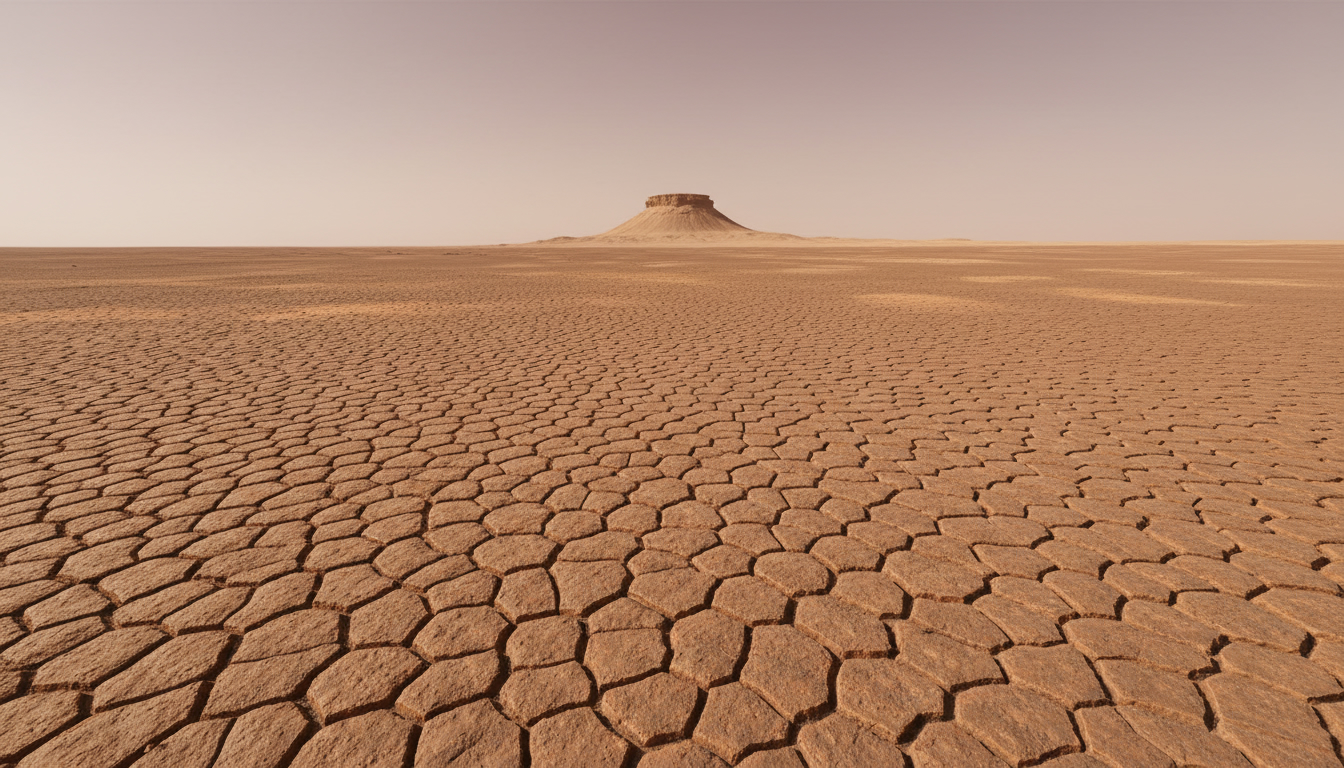 Martian valley floor covered in small honeycomb-shaped rock fractures with a small sand-topped butte in the distance