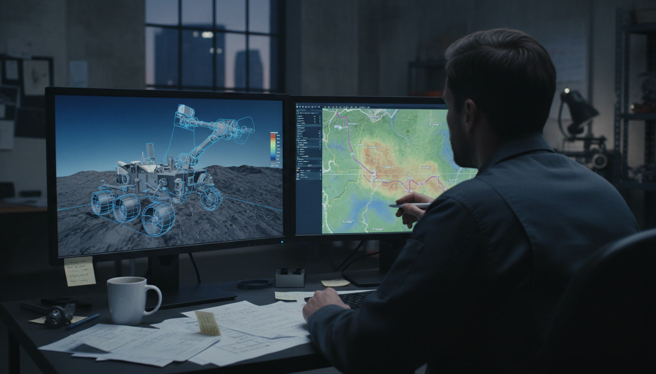 Engineer seen from behind viewing monitors with a 3D simulation of a rover's robotic arm reaching toward modeled rocks