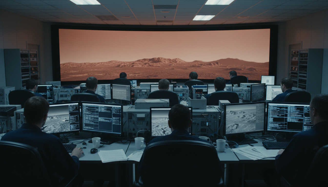 Operations room with rows of analysts at multi-monitor workstations reviewing rocky terrain images and command text