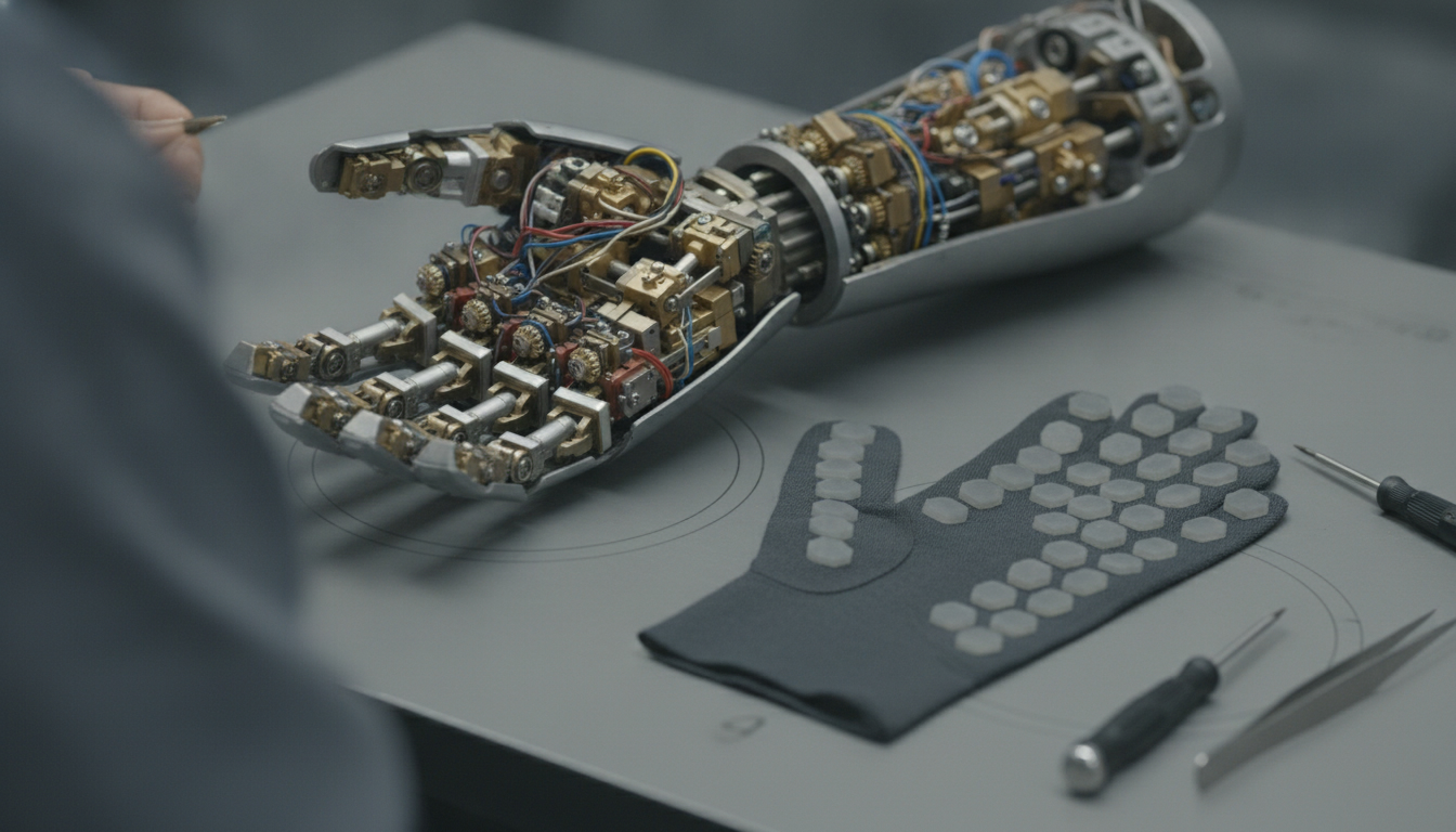 Open robotic hand and forearm on a bench showing dozens of small screws and cables, next to a thin sensor-covered glove