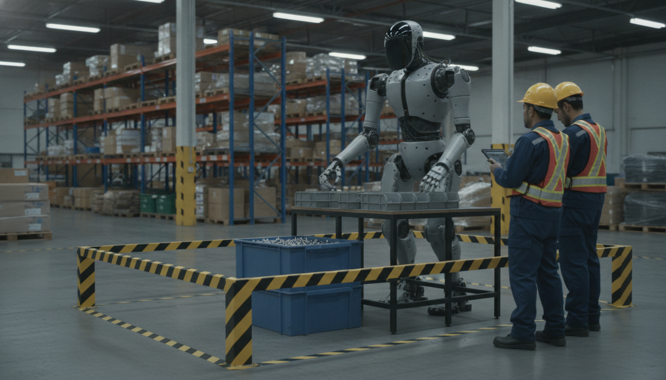 Human-sized humanoid robot picking parts inside a taped-off area of a warehouse while two workers watch from outside