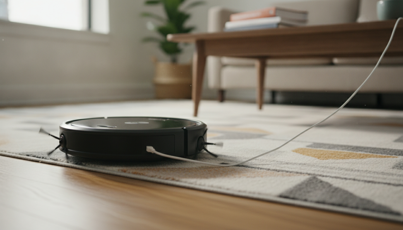 Round robot vacuum dragging a thin white cable across a rug