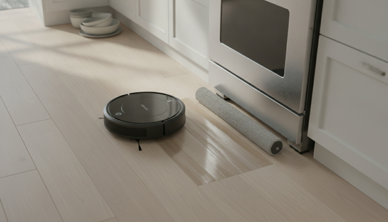 Robot vacuum mopping a hardwood kitchen floor with its roller mop extended toward the cabinet edge