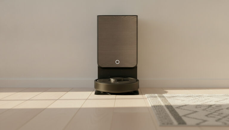 Low round black robot vacuum parked in a tall dark dock against an apartment wall