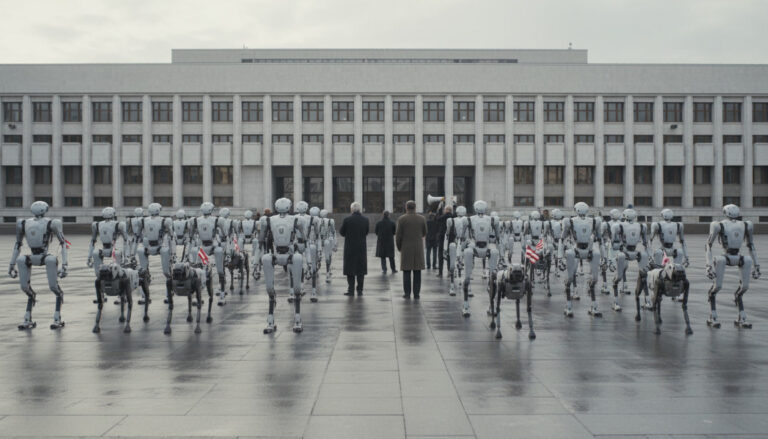 About thirty humanoid and four-legged robots lined up in rows outside a government building