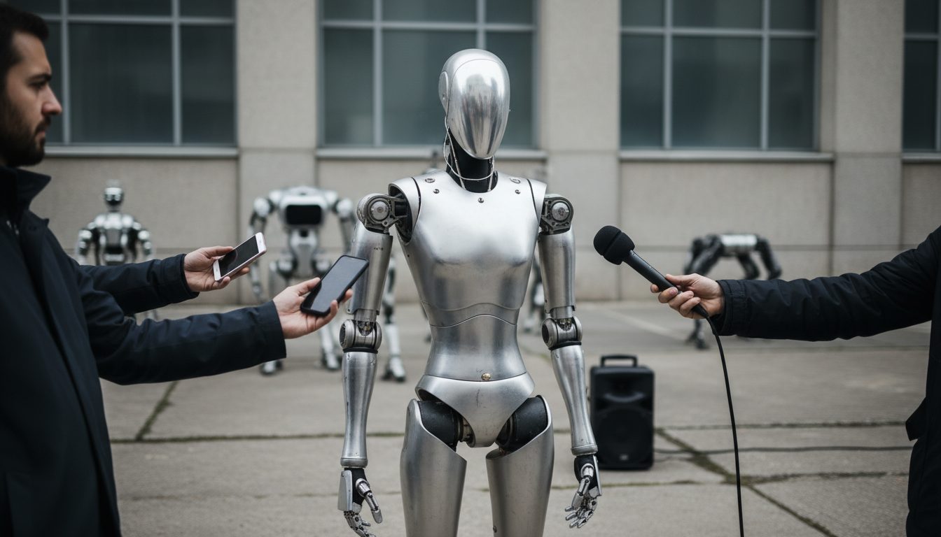 A humanoid robot facing reporters who hold out phones and a microphone.