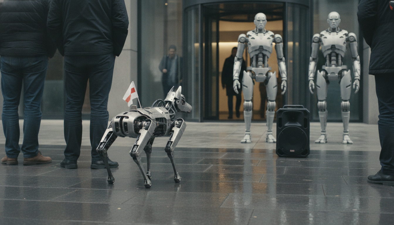 A four-legged robot dog with a small flag standing on a pavement among people's legs.