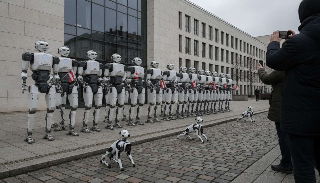 Two rows of human-sized bipedal robots and two four-legged robot dogs standing with small flags on a pavement outside a government building.