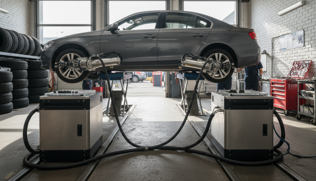 Two rail-mounted machine units working on the wheels of a car in a tire shop bay