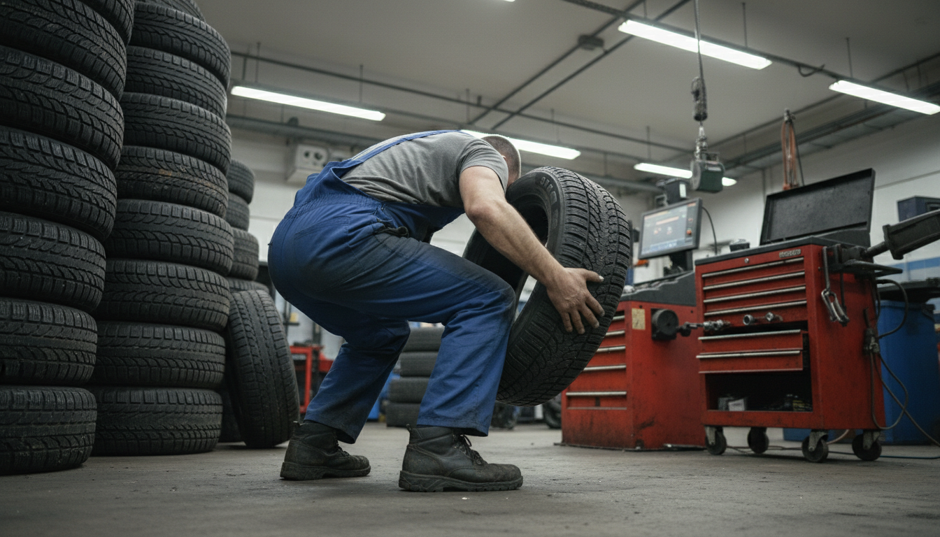 A technician lifting a heavy tire by hand in a workshop