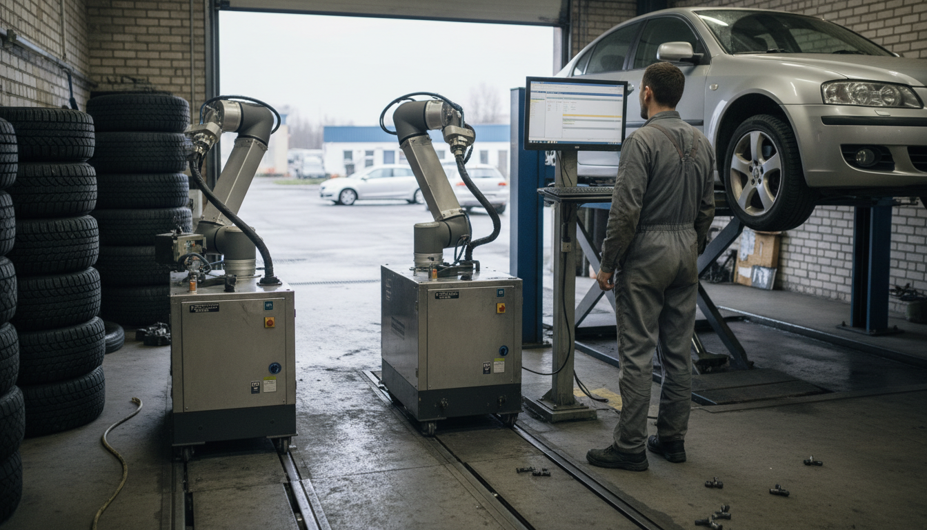 Machines working on wheels while a technician works at a terminal nearby