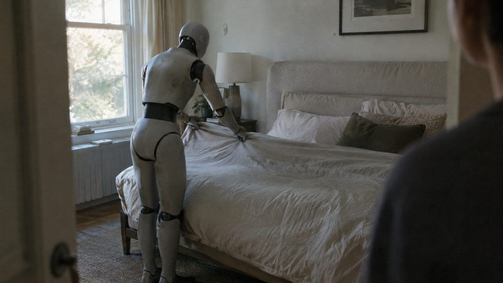 Humanoid robot pulling a duvet smooth over a bed in a bedroom