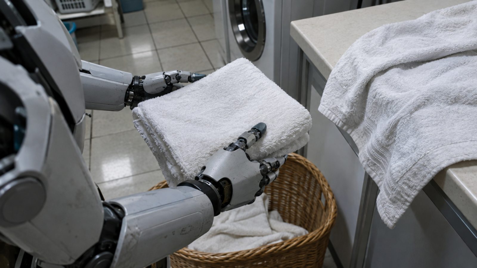 Robot hands placing a folded white towel into a basket in a laundry room