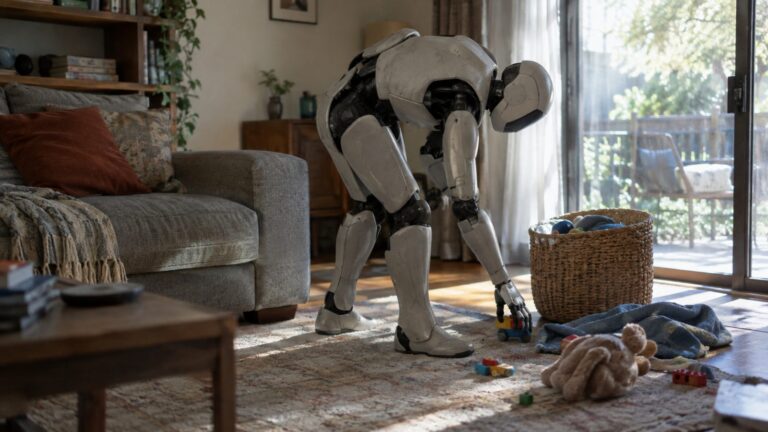 Humanoid robot bending to pick a toy off a living room rug beside a basket