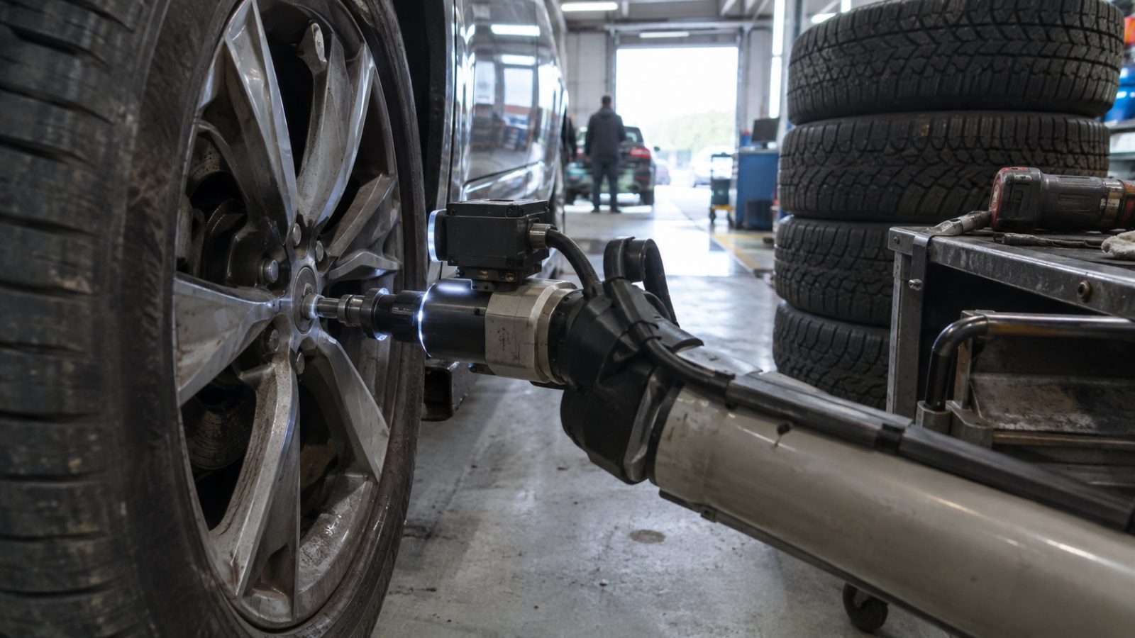 A robotic arm with a sensor head removing lug nuts from a car wheel