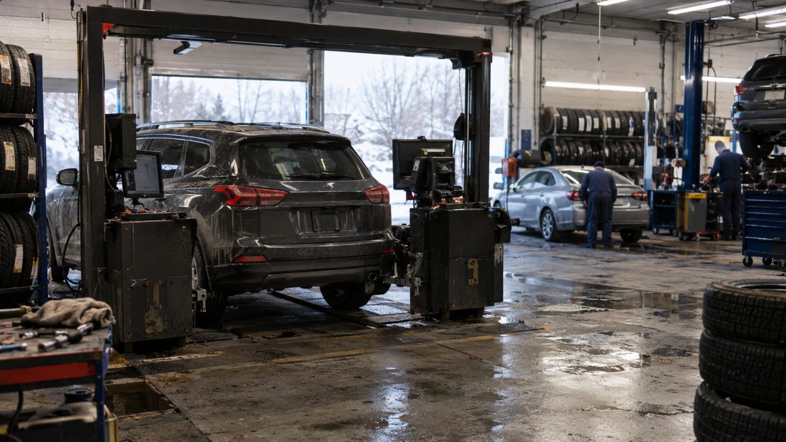 A tire shop with several service bays, one of them fitted with overhead robotic gantries over a car