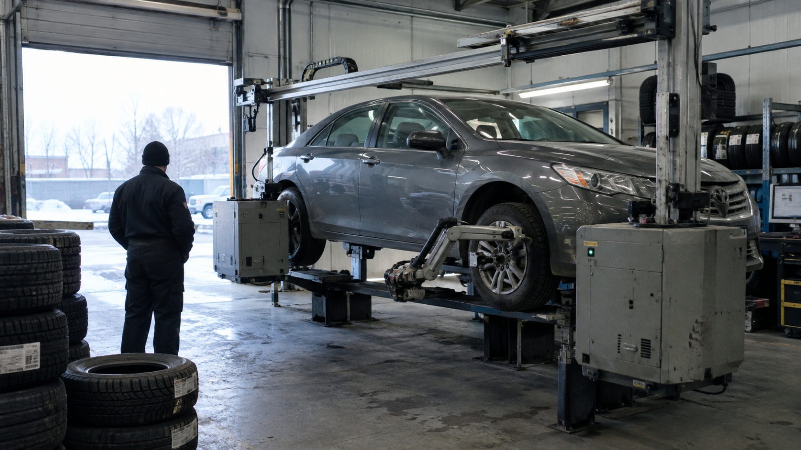Two oven-sized robotic machines mounted on overhead rails working on the wheels of a car in a tire shop bay