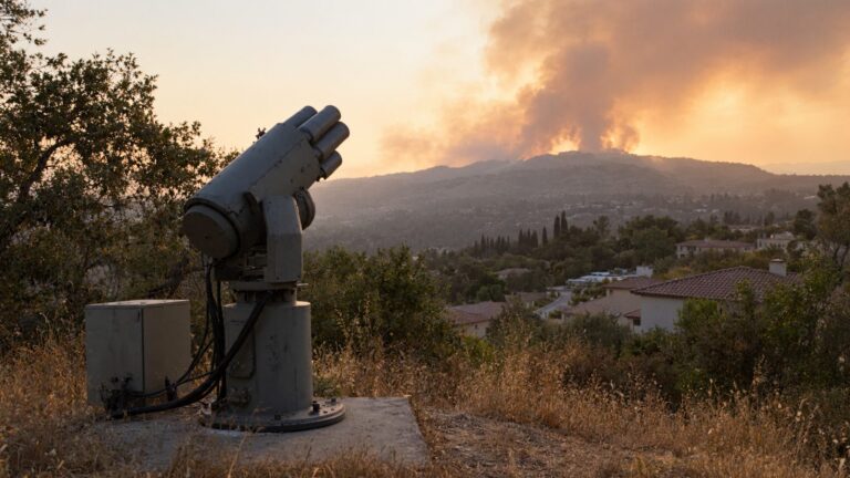 A turret-like fire retardant launcher on a concrete pad at the edge of a hillside neighborhood under smoky orange light