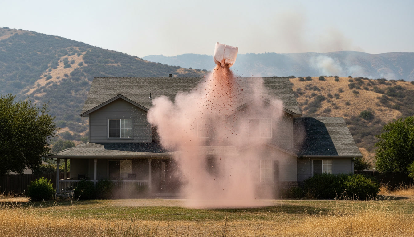 A capsule bursting above a house roof and spraying retardant over the shingles