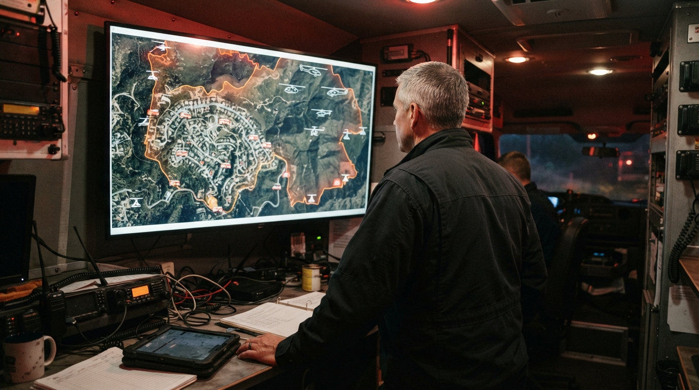 A fire commander at a map screen showing engines, aircraft and fixed launcher positions