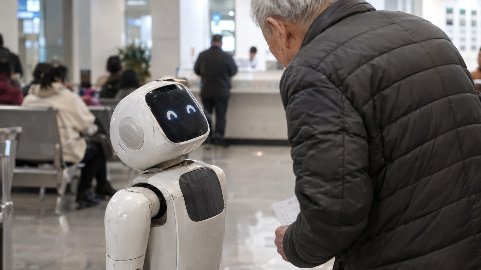 Elderly man bending to speak to a small humanoid robot with a screen face in a hospital lobby