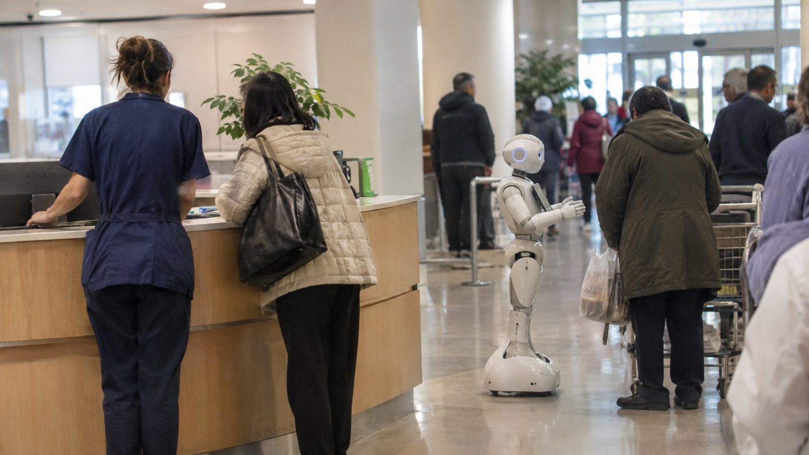Hospital desk worker and a small humanoid robot each dealing with a patient during a busy period