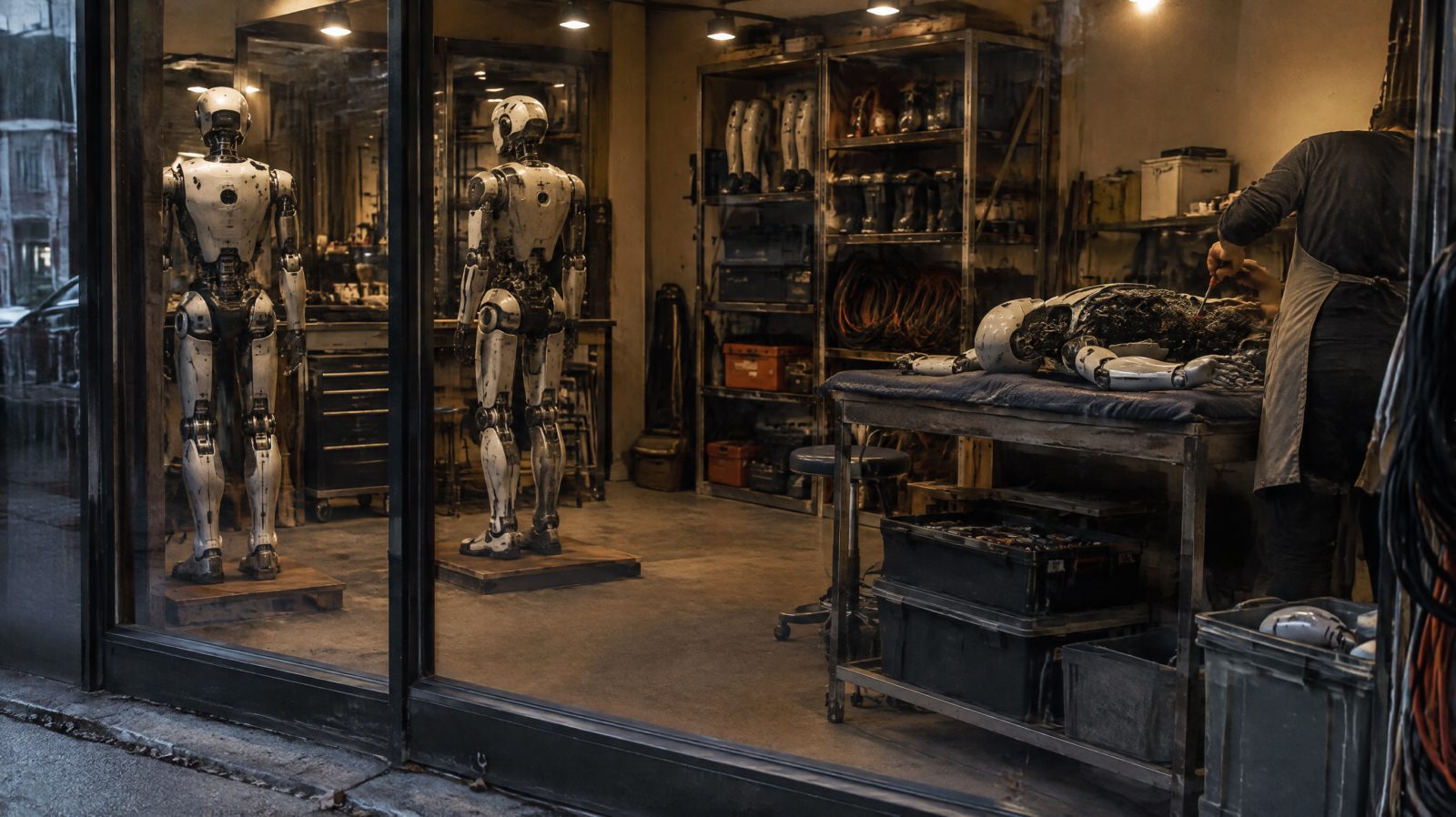 Two full-size humanoid robots on display platforms inside a storefront workshop while a technician works on a third on a bench