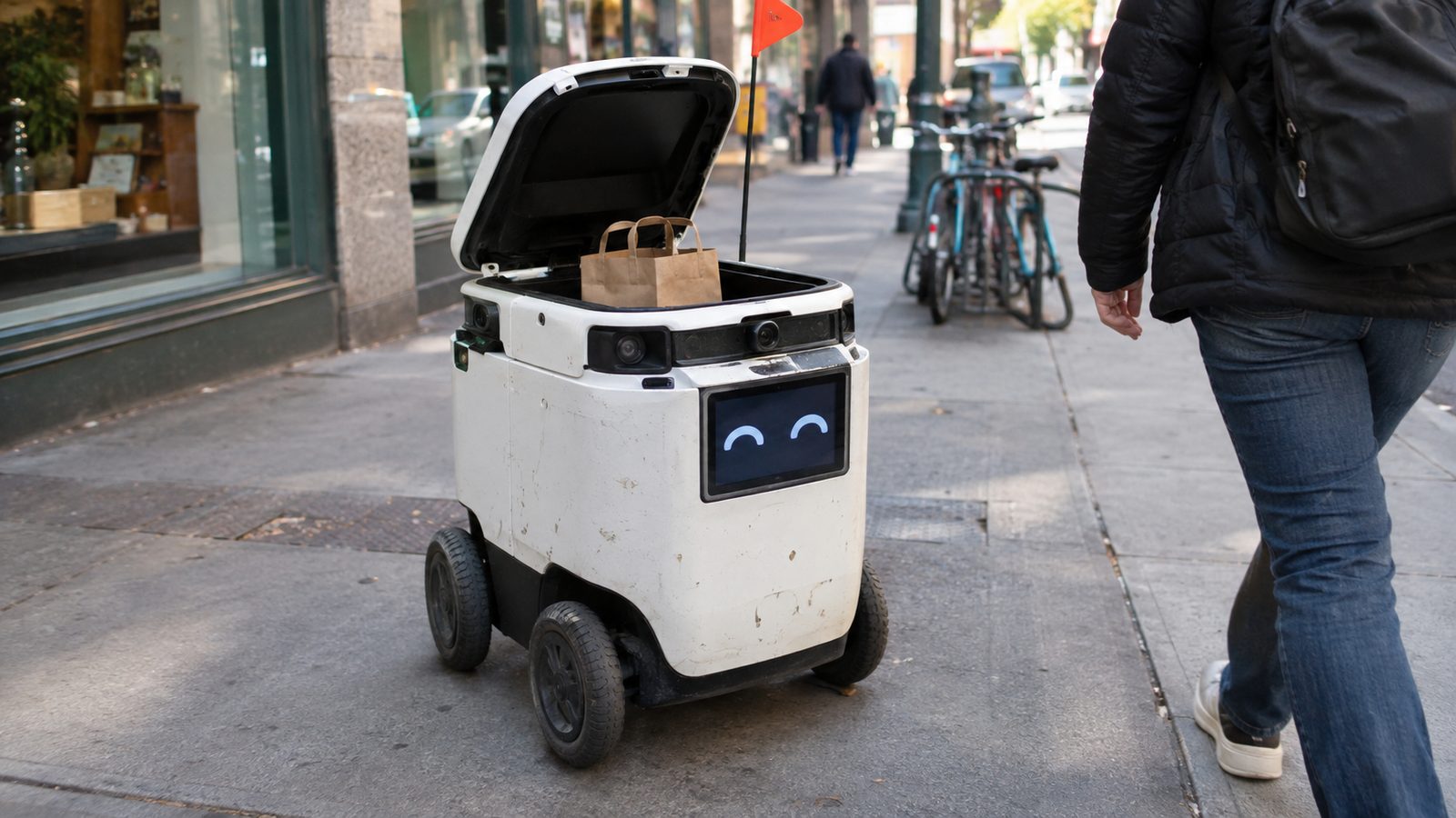 A knee-high white delivery robot with its lid open showing a takeout bag inside