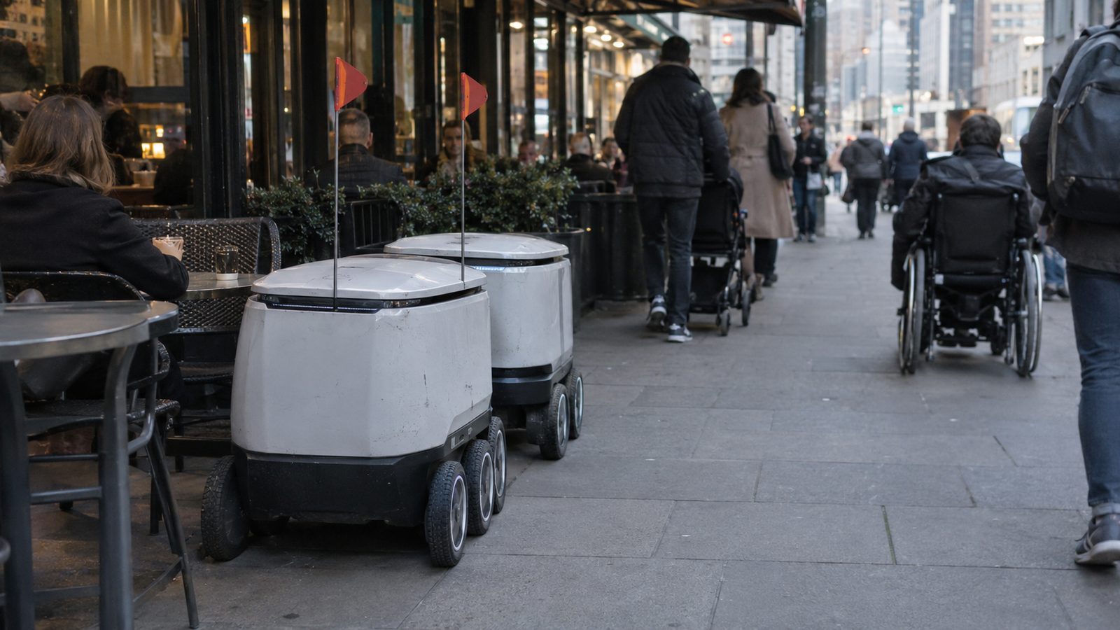 Two small white delivery robots parked on a narrow sidewalk as people squeeze past them