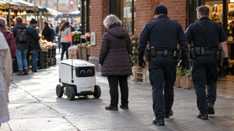An older woman standing in front of a small white sidewalk delivery robot as police officers approach on a city street
