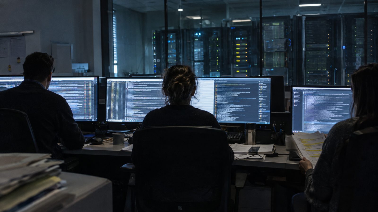 Auditors reviewing long scrolling text transcripts on monitors in a dark operations room