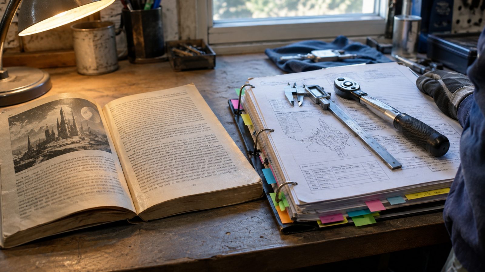 A paperback science fiction book beside a tabbed engineering safety standard binder with measuring tools