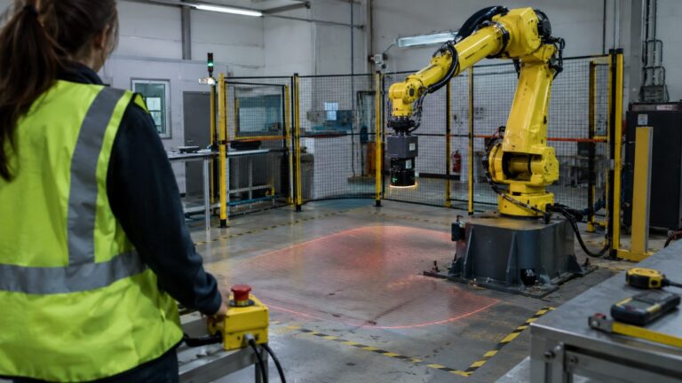 Industrial robot arm in a test cell with a technician near a red emergency stop button