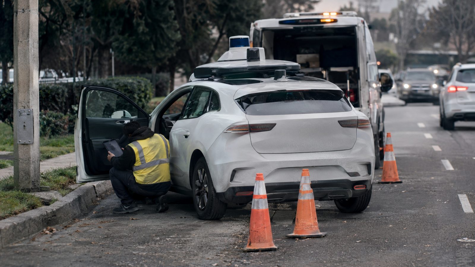 A worker in a hi-vis vest crouched at the open door of a stopped self-driving car