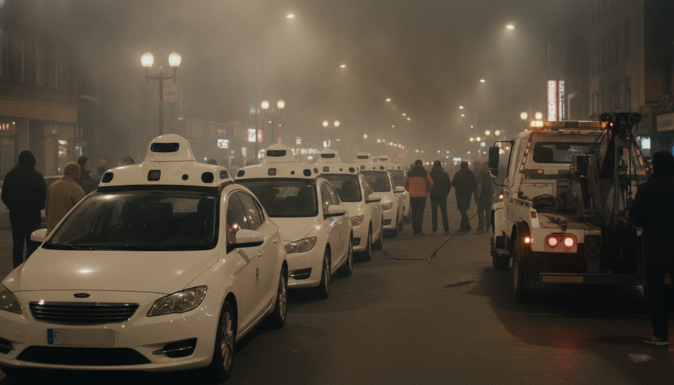 A row of stalled white driverless cars blocking a city street as a crowd walks past and a tow truck arrives