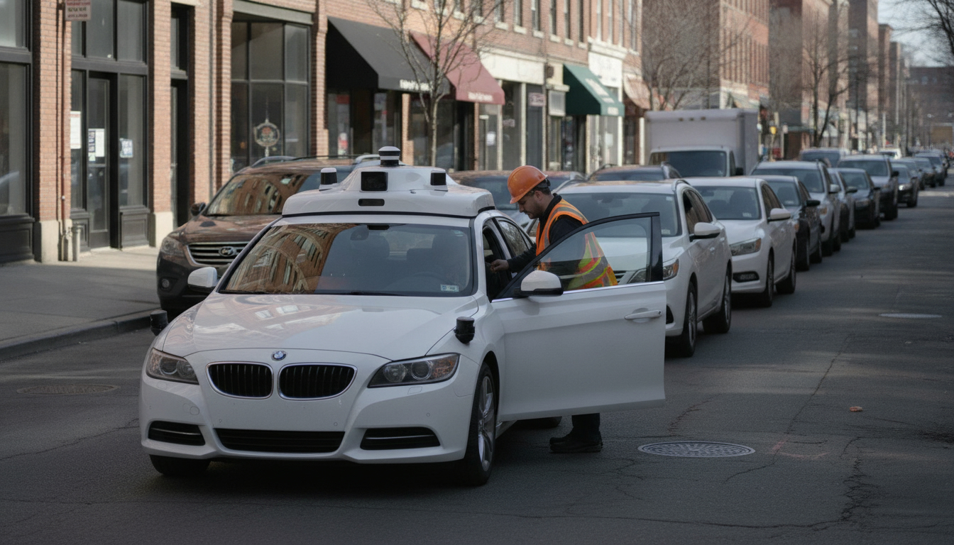 A worker in a safety vest leaning into a stopped driverless car while traffic queues behind