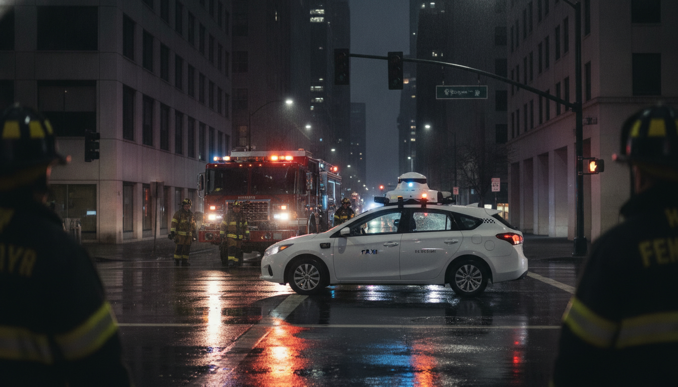 A white self-driving car with a roof sensor stopped at a dark intersection, blocking a fire engine with flashing lights