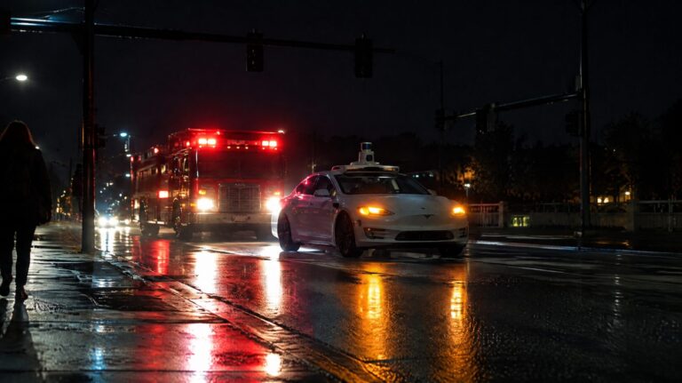 A driverless car with roof sensors stopped in front of a fire engine at a dark intersection