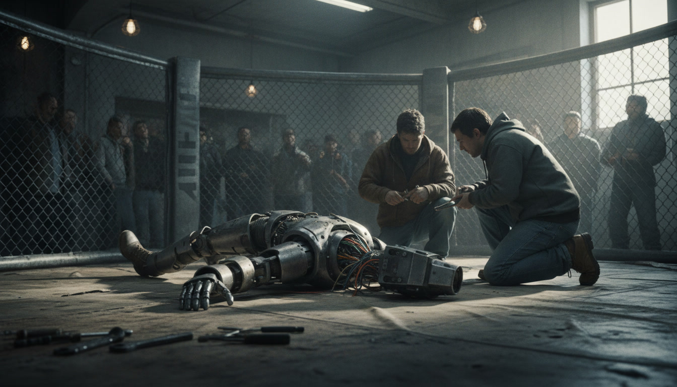 A humanoid robot lying on the floor of a cage ring with its head detached, two people kneeling beside it.