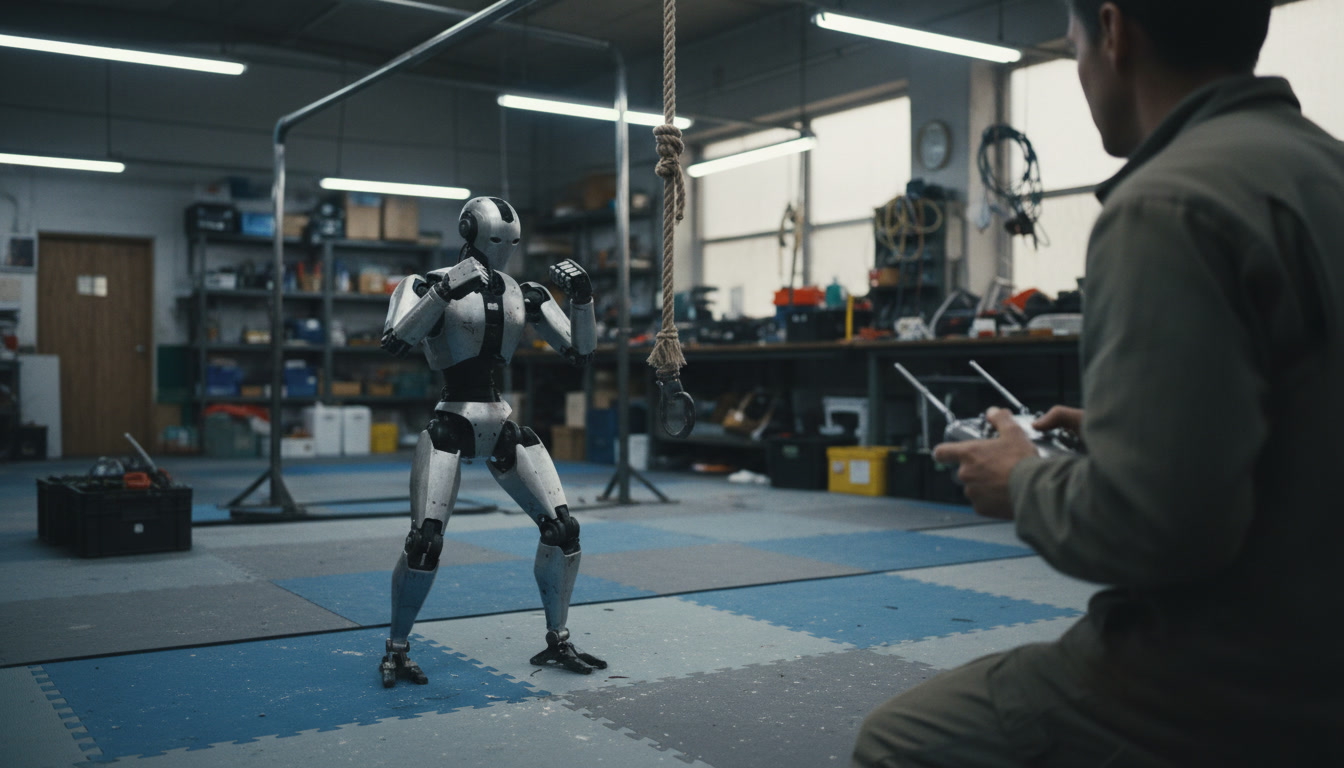 A small humanoid robot in a boxing stance on floor mats while a person operates it with a handheld controller.