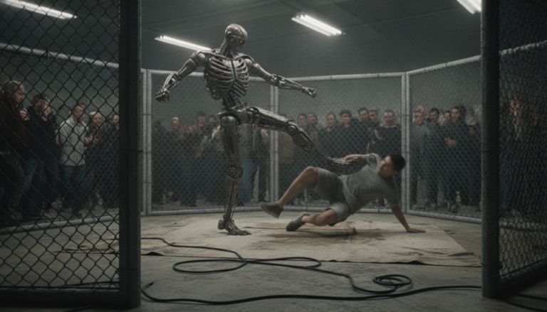 A tall steel humanoid robot kicks a man off his feet inside a small caged fighting ring surrounded by spectators.